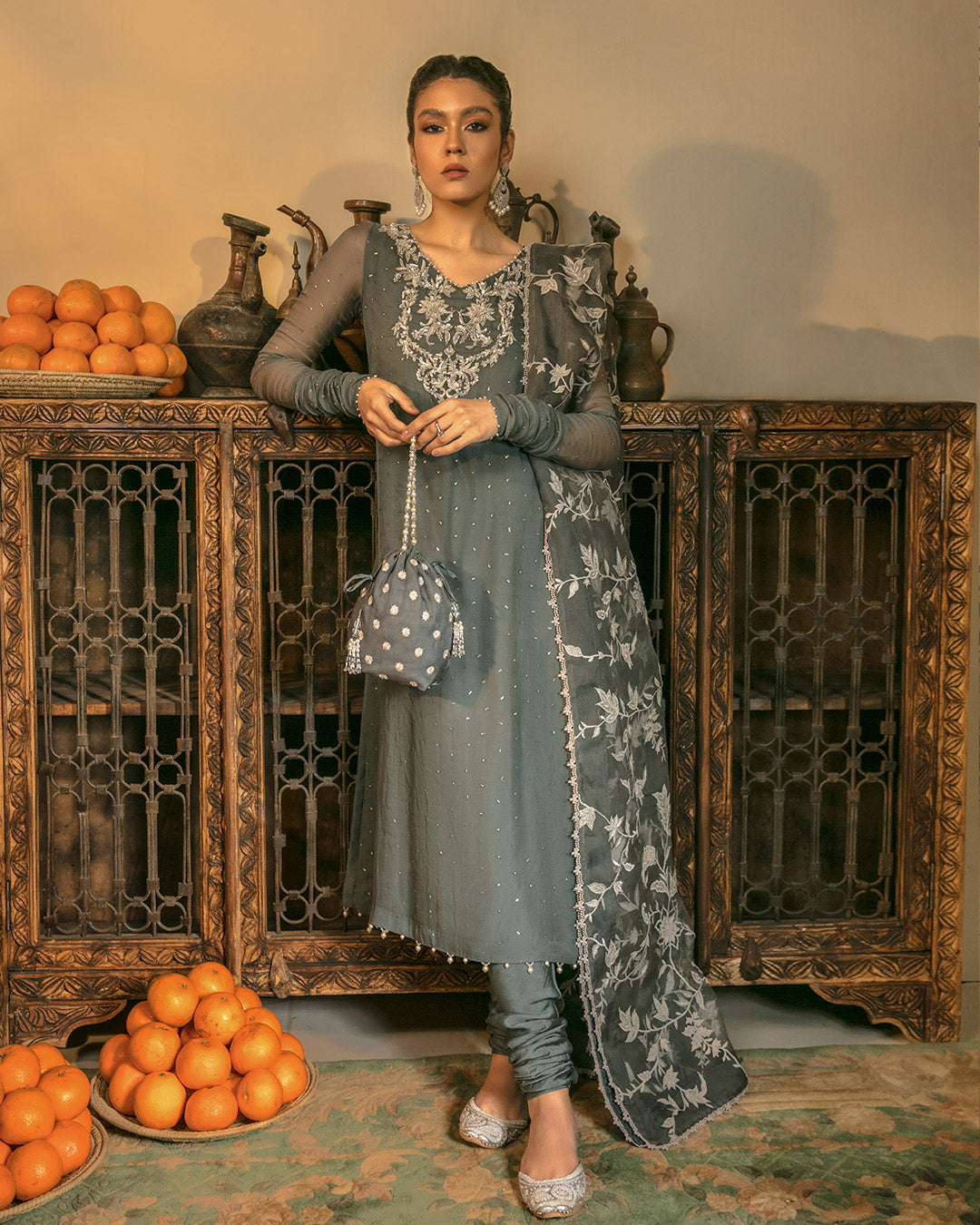 Slate Grey Mukesh Salwar Kameez (3-Piece) - Image 1