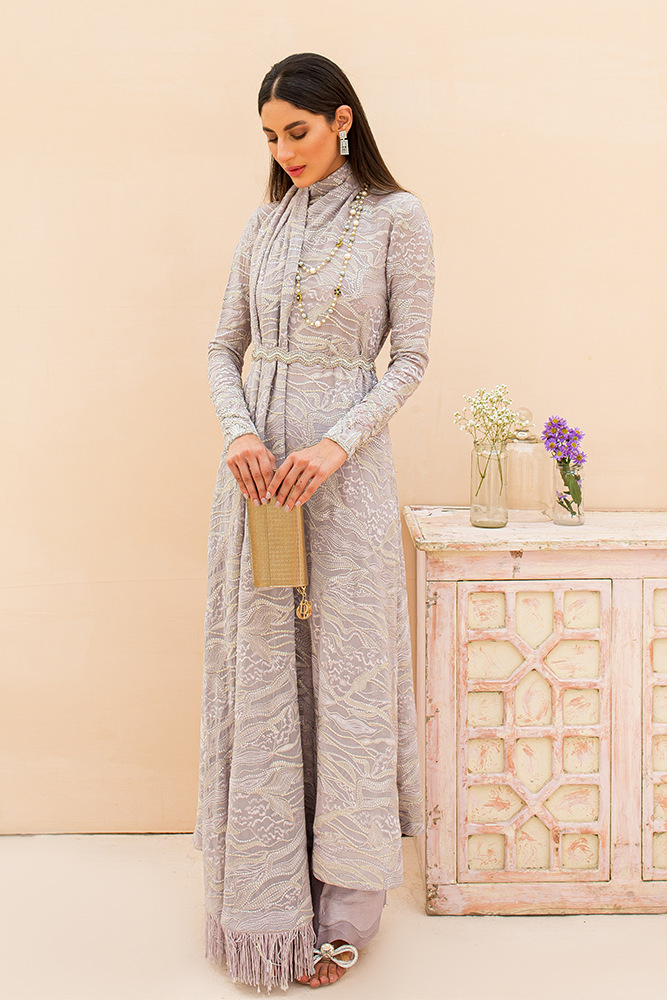 Pakistani Thistle Grey Embroidered Georgette Chiffon Salwar Kameez (2-Piece) - Image 2
