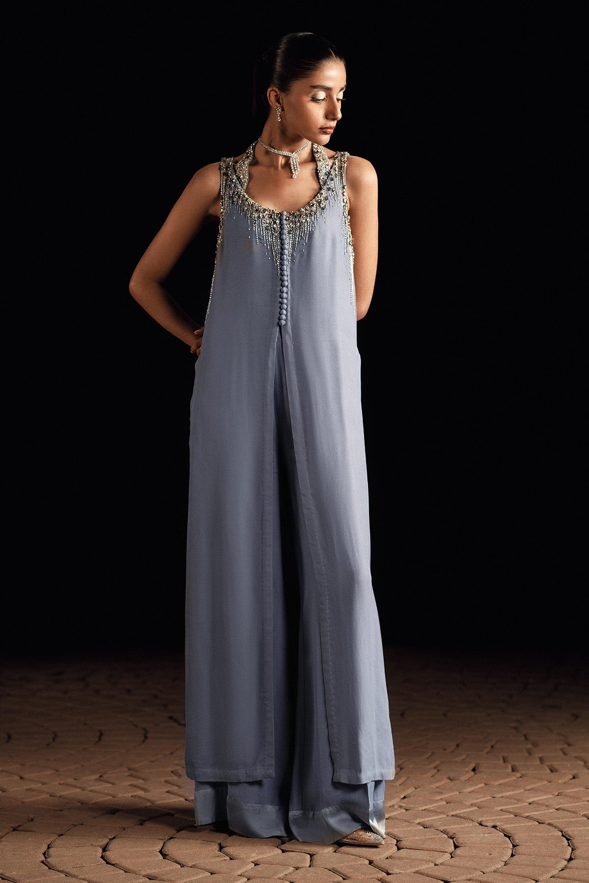 Pakistani Lilac Grey Embellished Georgette Jacket Set (2-Piece) - Image 1