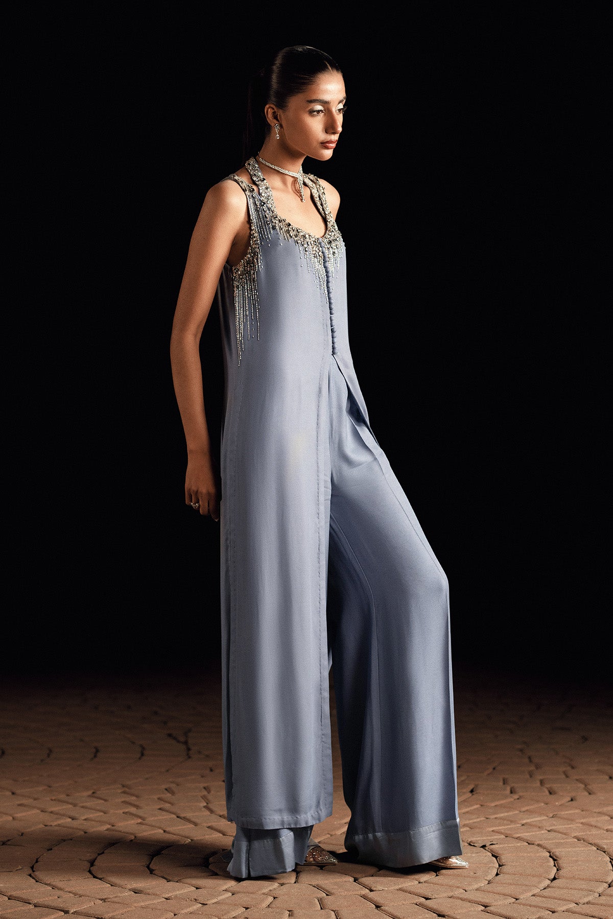 Pakistani Lilac Grey Embellished Georgette Jacket Set (2-Piece) - Image 3