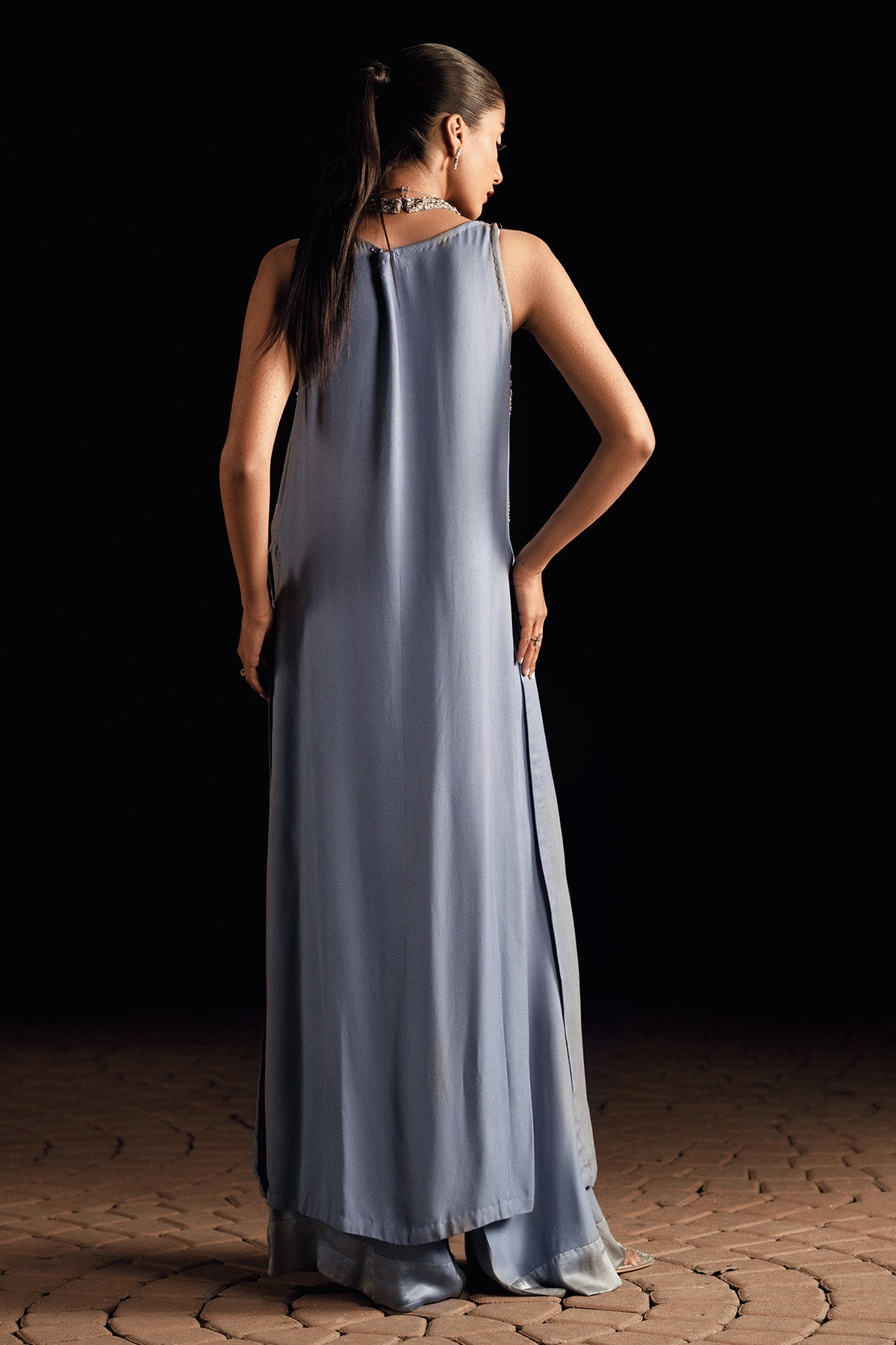 Pakistani Lilac Grey Embellished Georgette Jacket Set (2-Piece) - Image 4