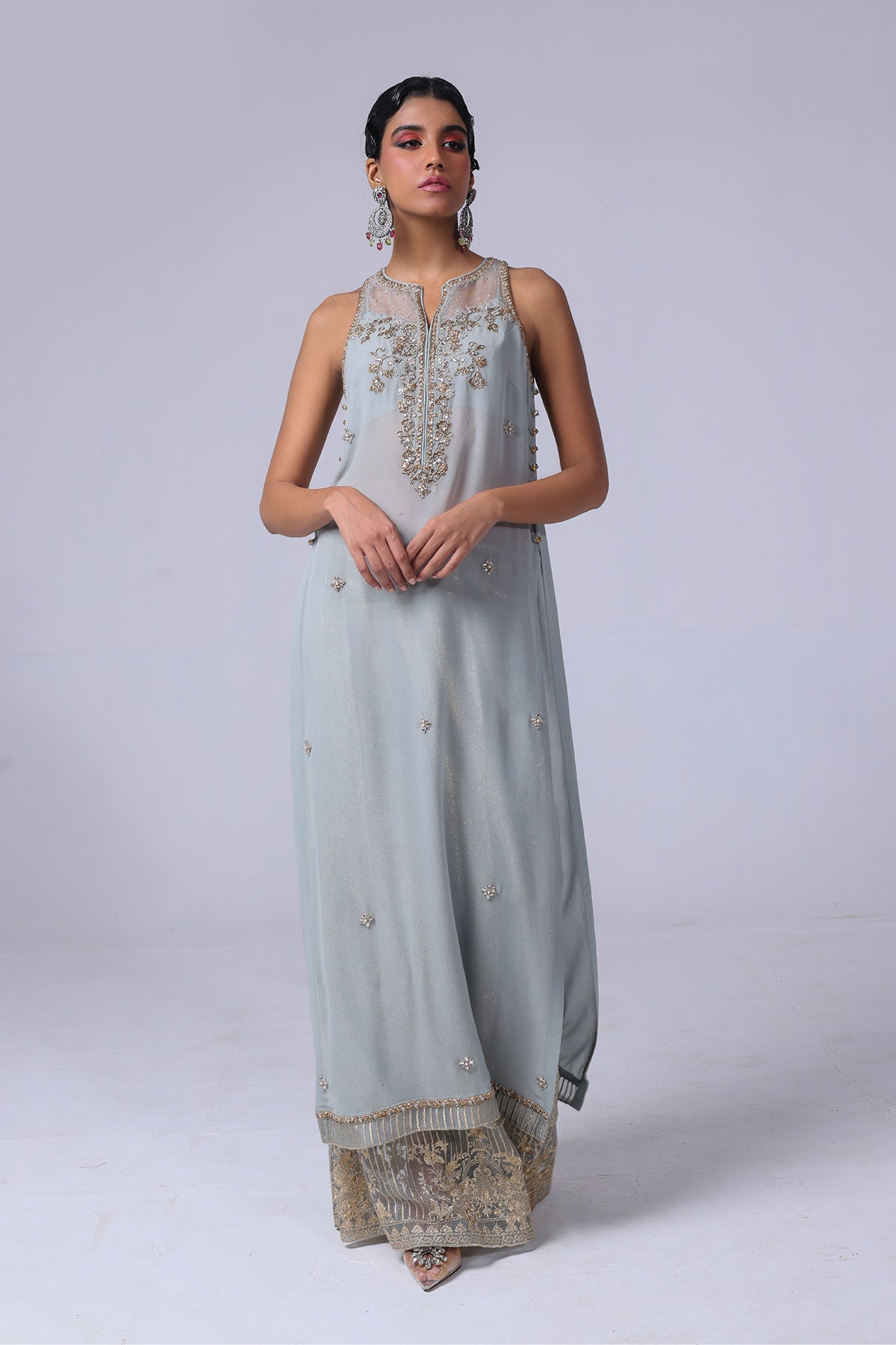 Pakistani Aqua Grey Embellished Georgette Shirt with Velvet Pants (2-Piece) - Image 1