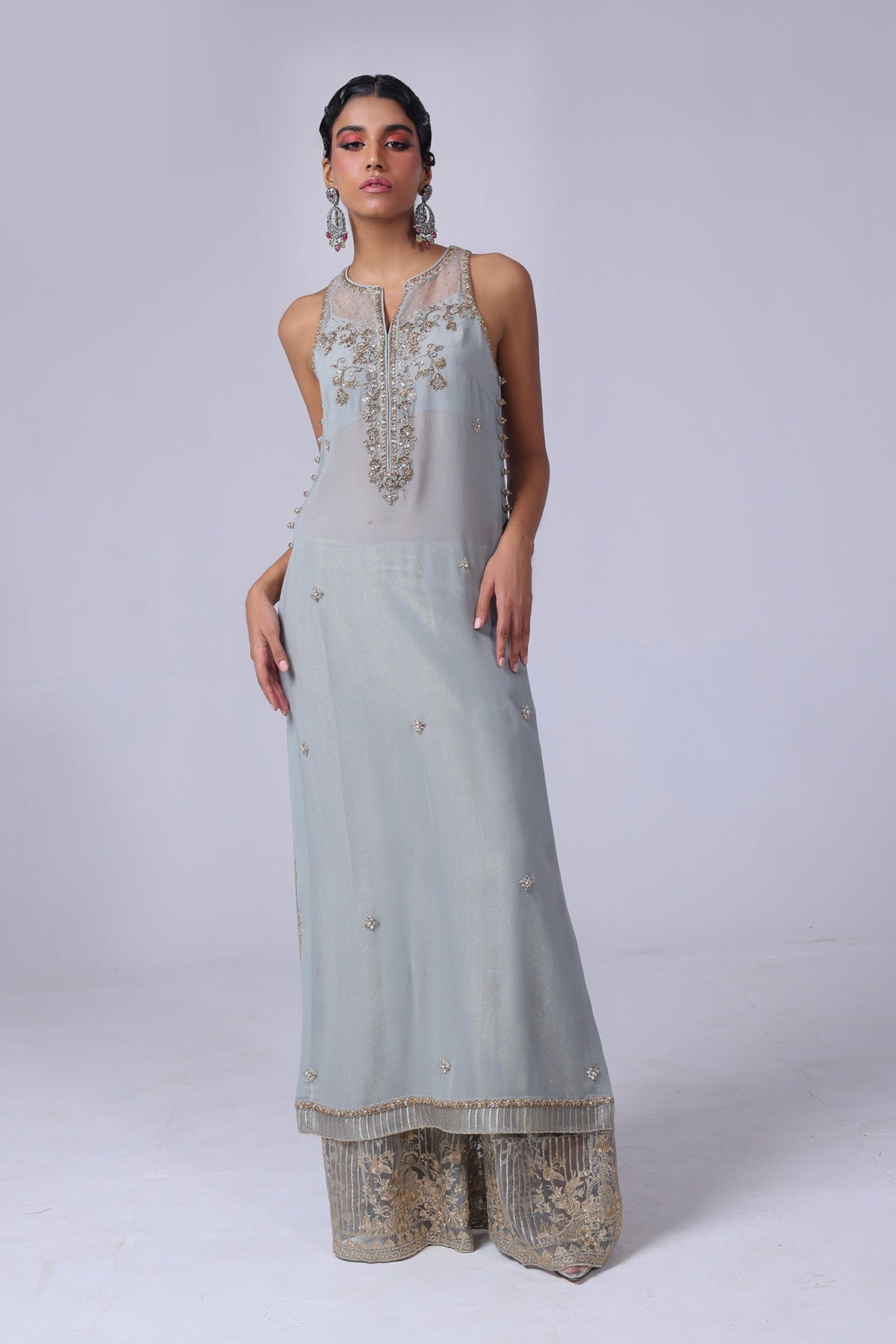Pakistani Aqua Grey Embellished Georgette Shirt with Velvet Pants (2-Piece) - Image 2