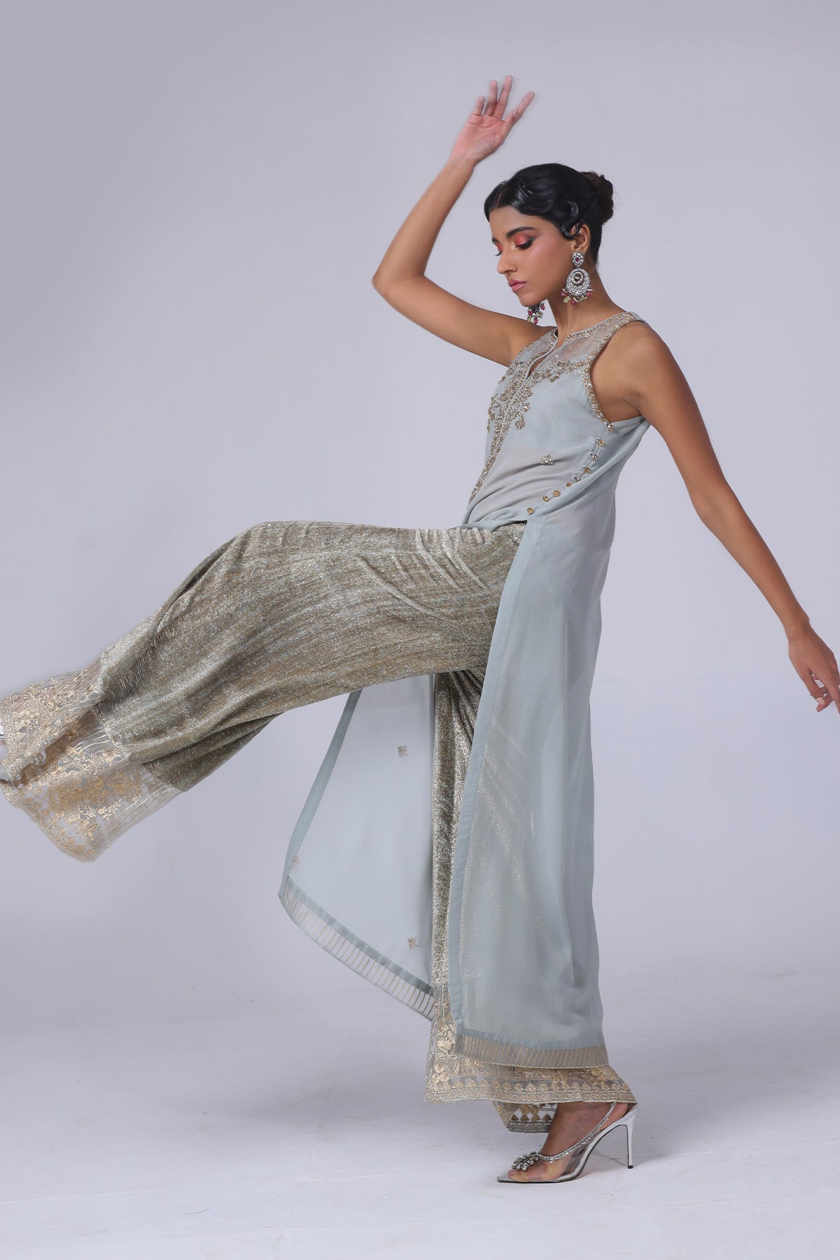 Pakistani Aqua Grey Embellished Georgette Shirt with Velvet Pants (2-Piece) - Image 3