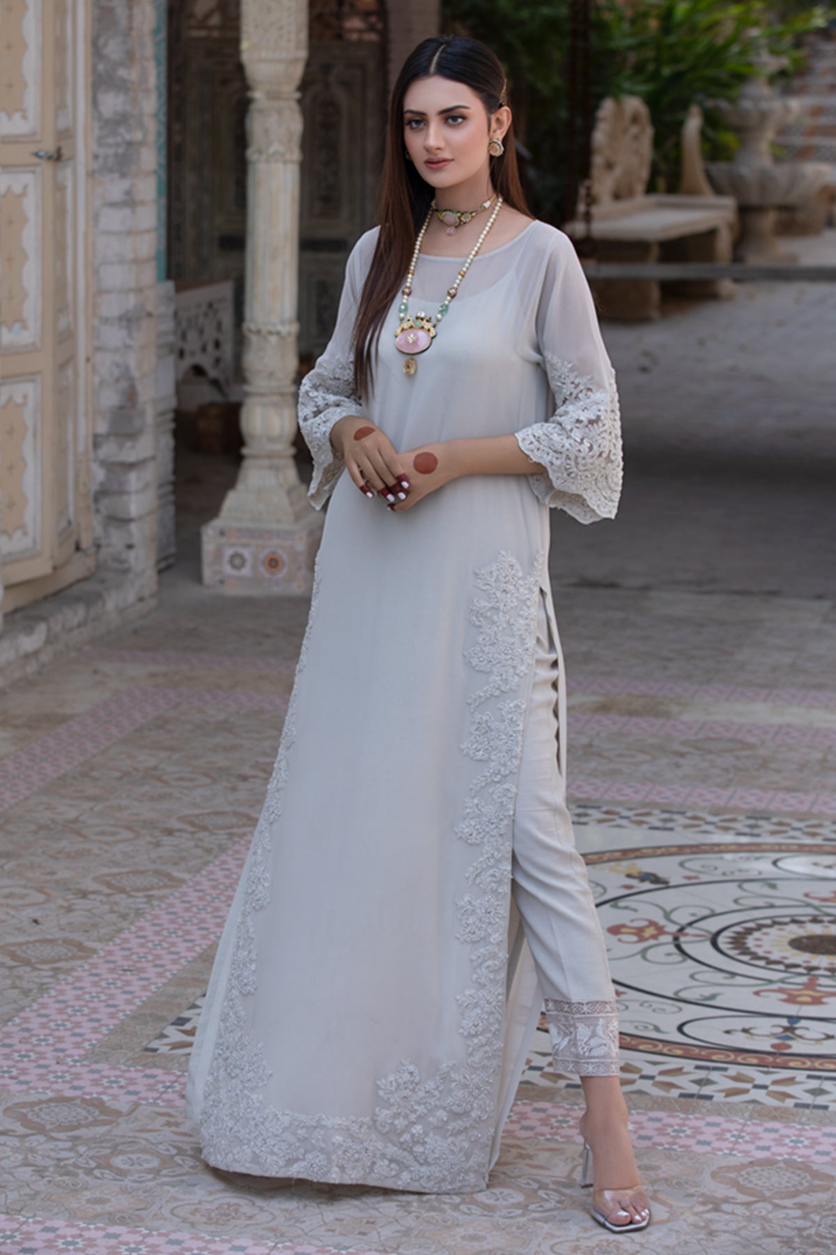 Ice Grey Pearl & Crystal Georgette Salwar Kameez (2-Piece) - Image 1