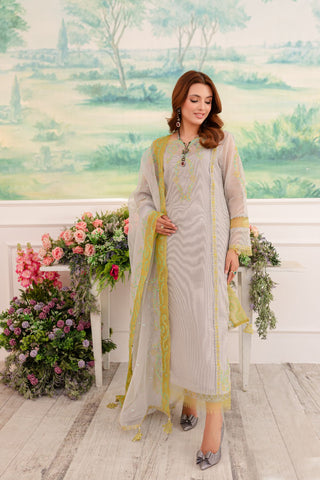 Grey Embroidered Khaddi Net Salwar Kameez (4-Piece) - Image 2