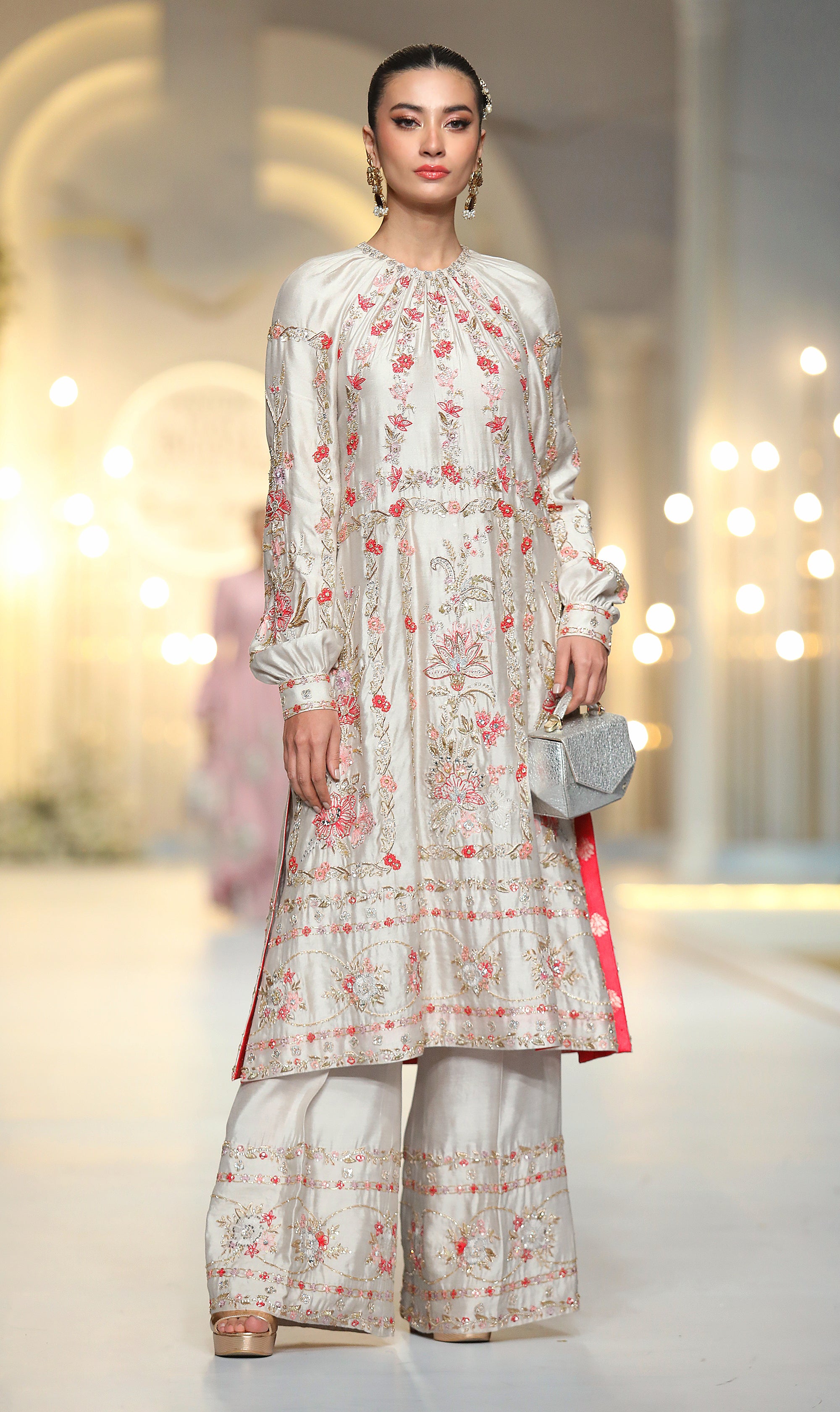 Pakistani Dove Grey Zardozi Khadi Net Silk Salwar Kameez (2-Piece) - Image 3