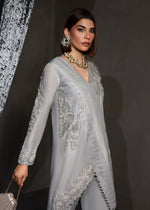 Pakistani Slate Grey Embroidered Korean Raw Silk Salwar Kameez (2-Piece) - Image 4