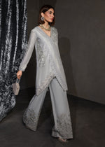 Pakistani Slate Grey Embroidered Korean Raw Silk Salwar Kameez (2-Piece) - Image 5