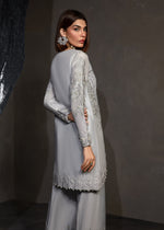 Pakistani Slate Grey Embroidered Korean Raw Silk Salwar Kameez (2-Piece) - Image 6