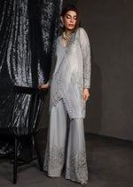 Pakistani Slate Grey Embroidered Korean Raw Silk Salwar Kameez (2-Piece) - Image 7