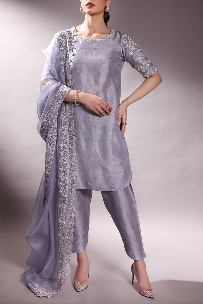 Pakistani Grey Embroidered Korean Raw Silk Salwar Kameez (3-Piece) - Image 1