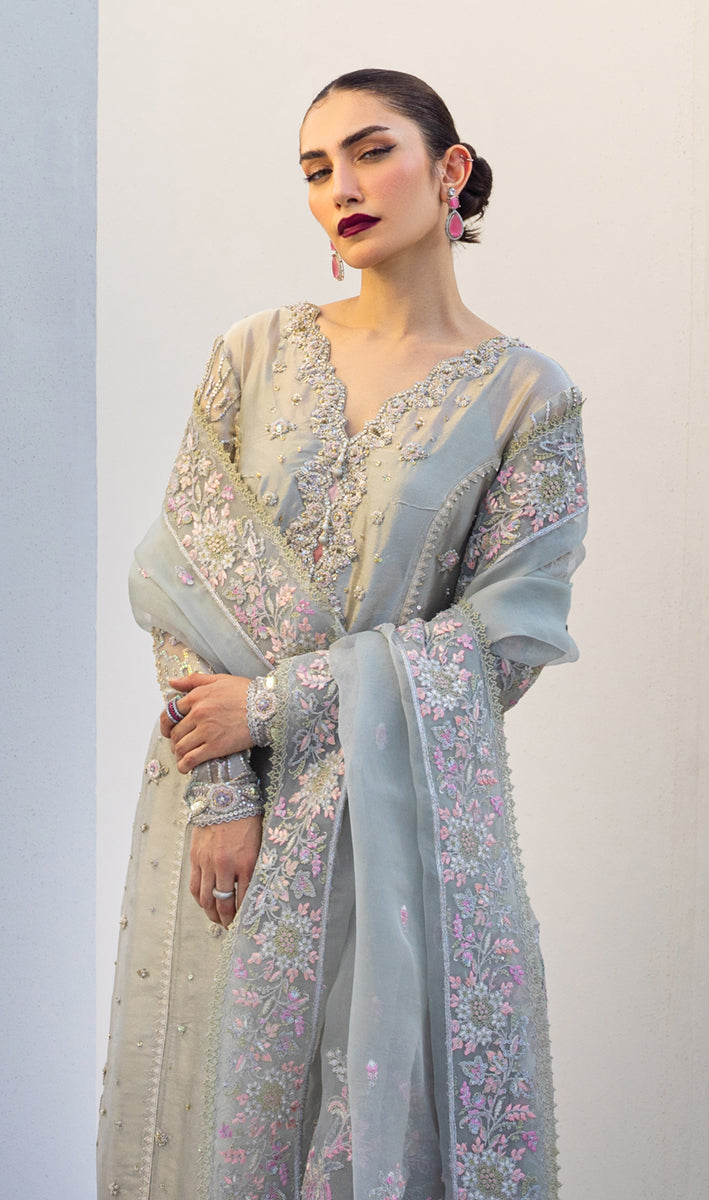 Pakistani Grey Aari & Zardozi Masoori Long Shirt (3-Piece) - Image 3