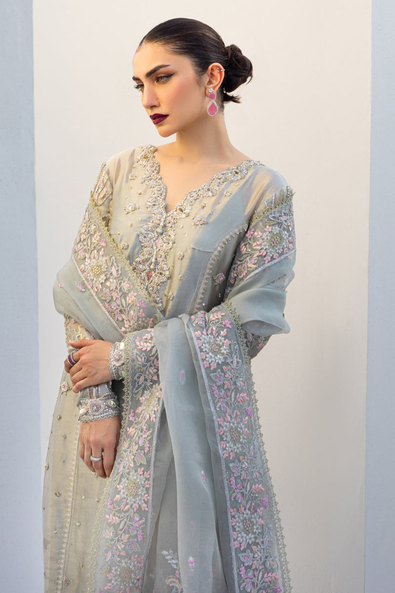Pakistani Grey Aari & Zardozi Masoori Long Shirt (3-Piece) - Image 6