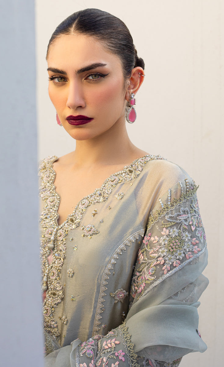 Pakistani Grey Aari & Zardozi Masoori Long Shirt (3-Piece) - Image 8