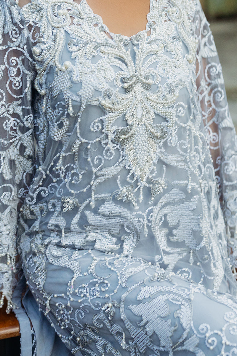 Pakistani Steel Grey Embroidered Net Salwar Kameez (3-Piece) - Image 12