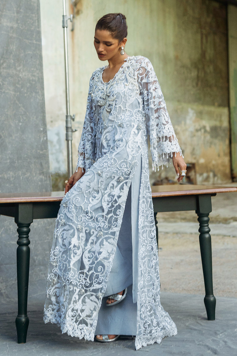 Pakistani Steel Grey Embroidered Net Salwar Kameez (3-Piece) - Image 6