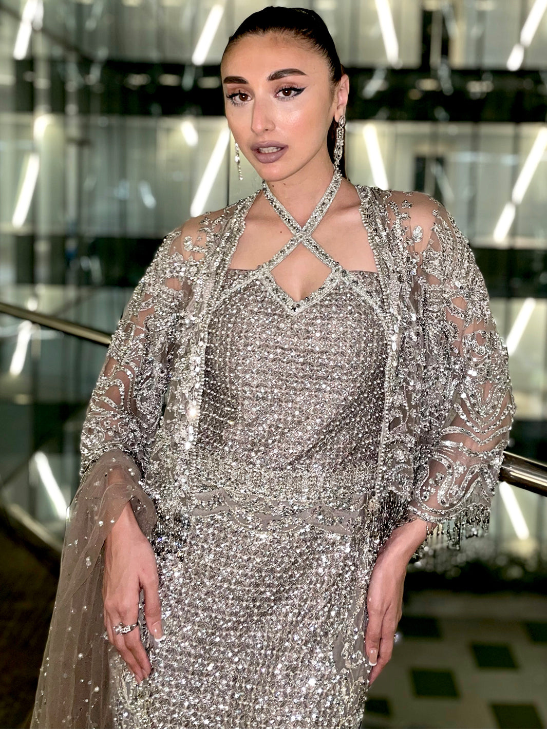 Grey Crystal Embellished Net Long Shirt (3-Piece) - Image 2