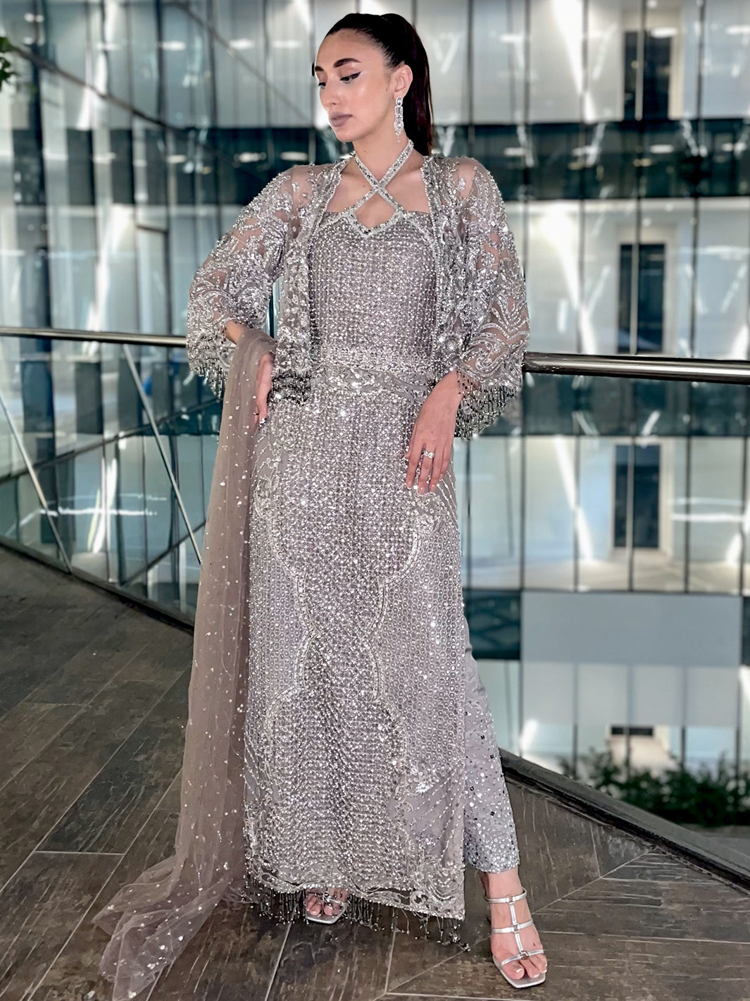 Grey Crystal Embellished Net Long Shirt (3-Piece) - Image 4