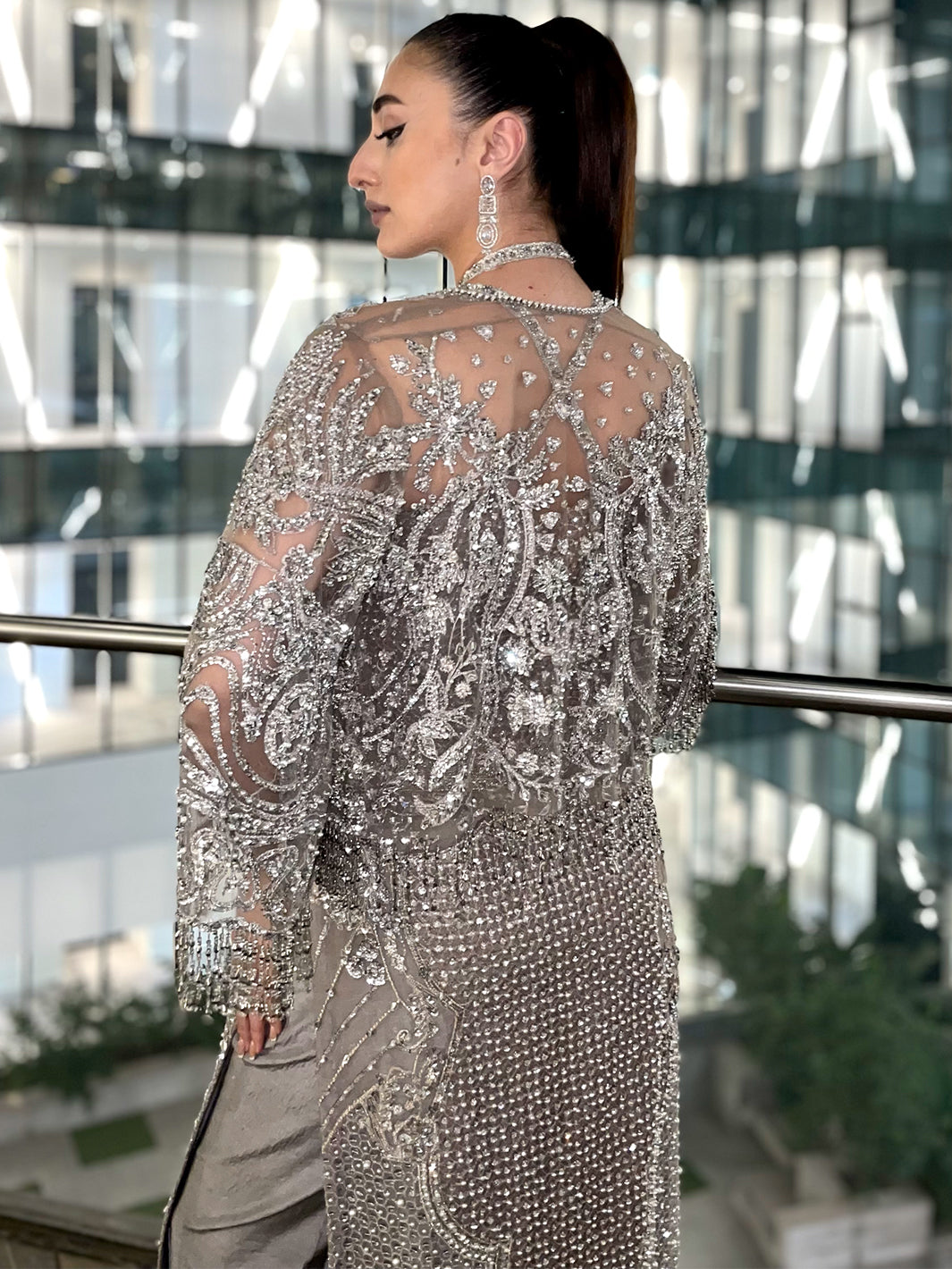 Grey Crystal Embellished Net Long Shirt (3-Piece) - Image 5