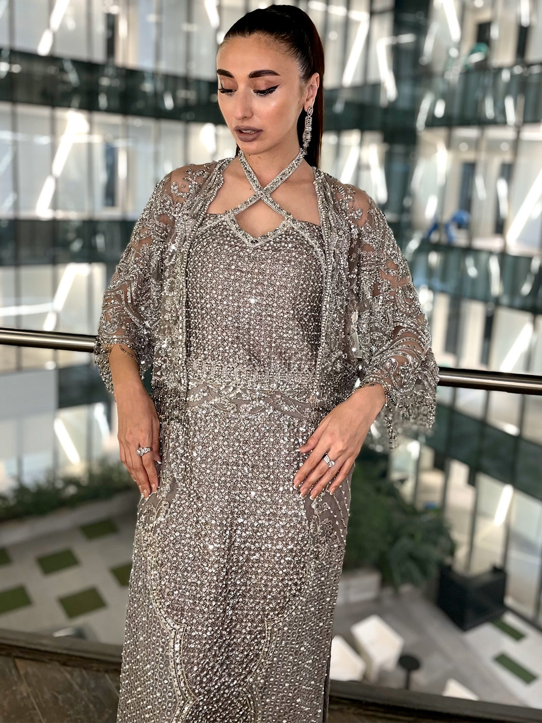 Grey Crystal Embellished Net Long Shirt (3-Piece) - Image 6