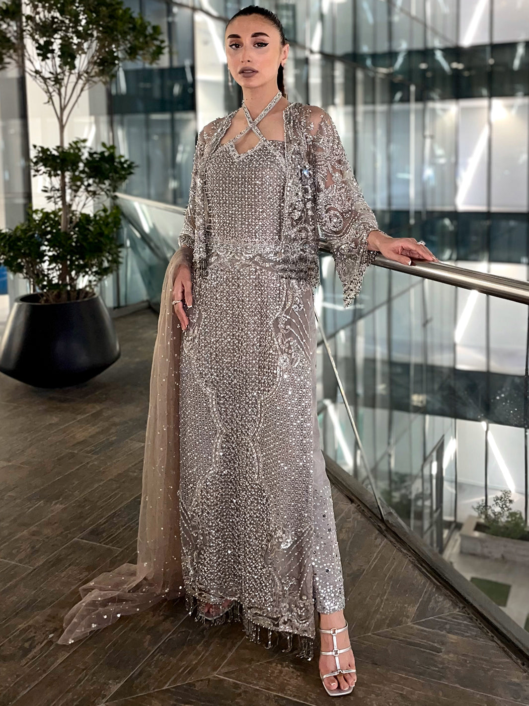 Grey Crystal Embellished Net Long Shirt (3-Piece) - Image 7