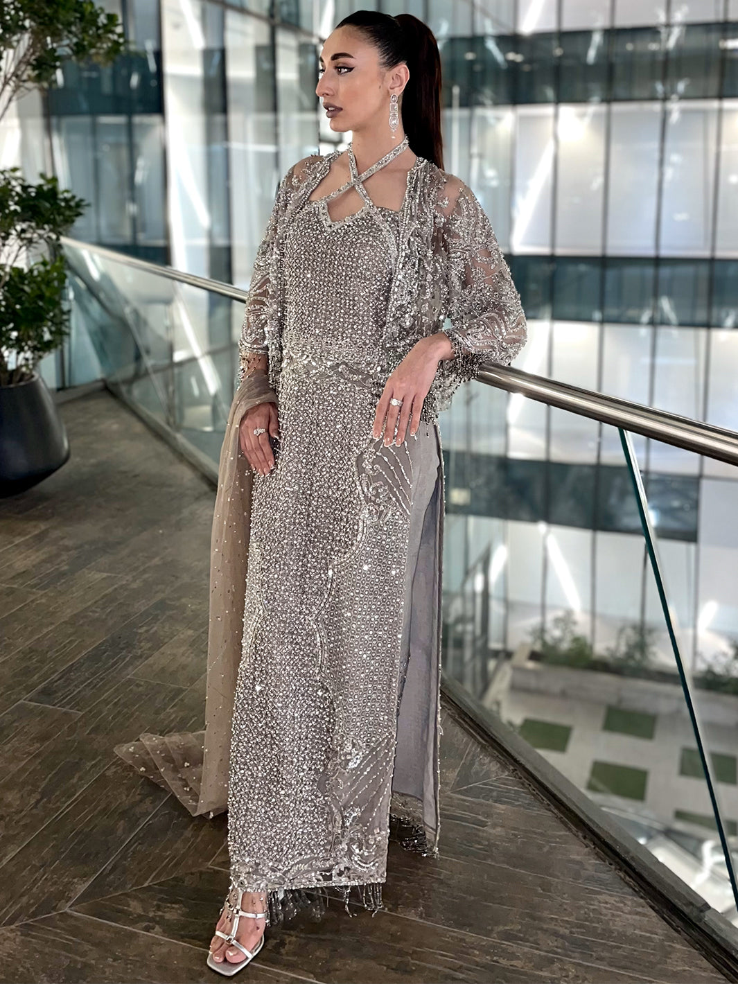 Grey Crystal Embellished Net Long Shirt (3-Piece) - Image 8