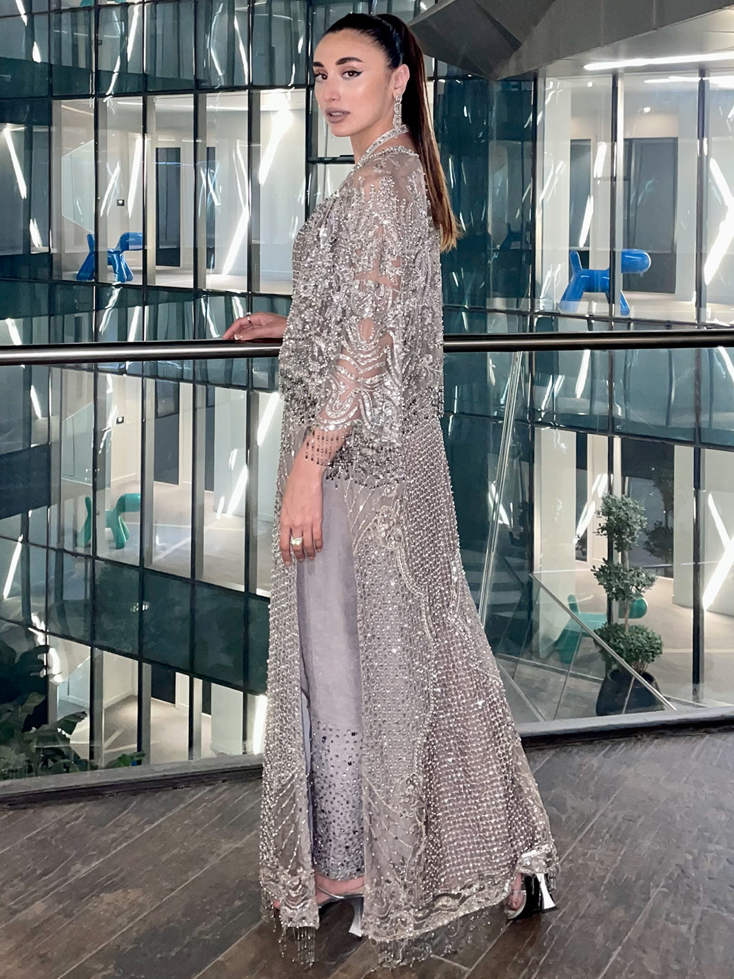 Grey Crystal Embellished Net Long Shirt (3-Piece) - Image 9