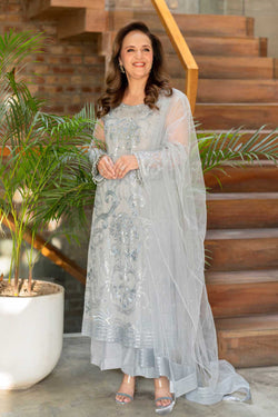 Light Grey Sequin Embroidered Net Salwar Kameez (3-Piece) - Image 1