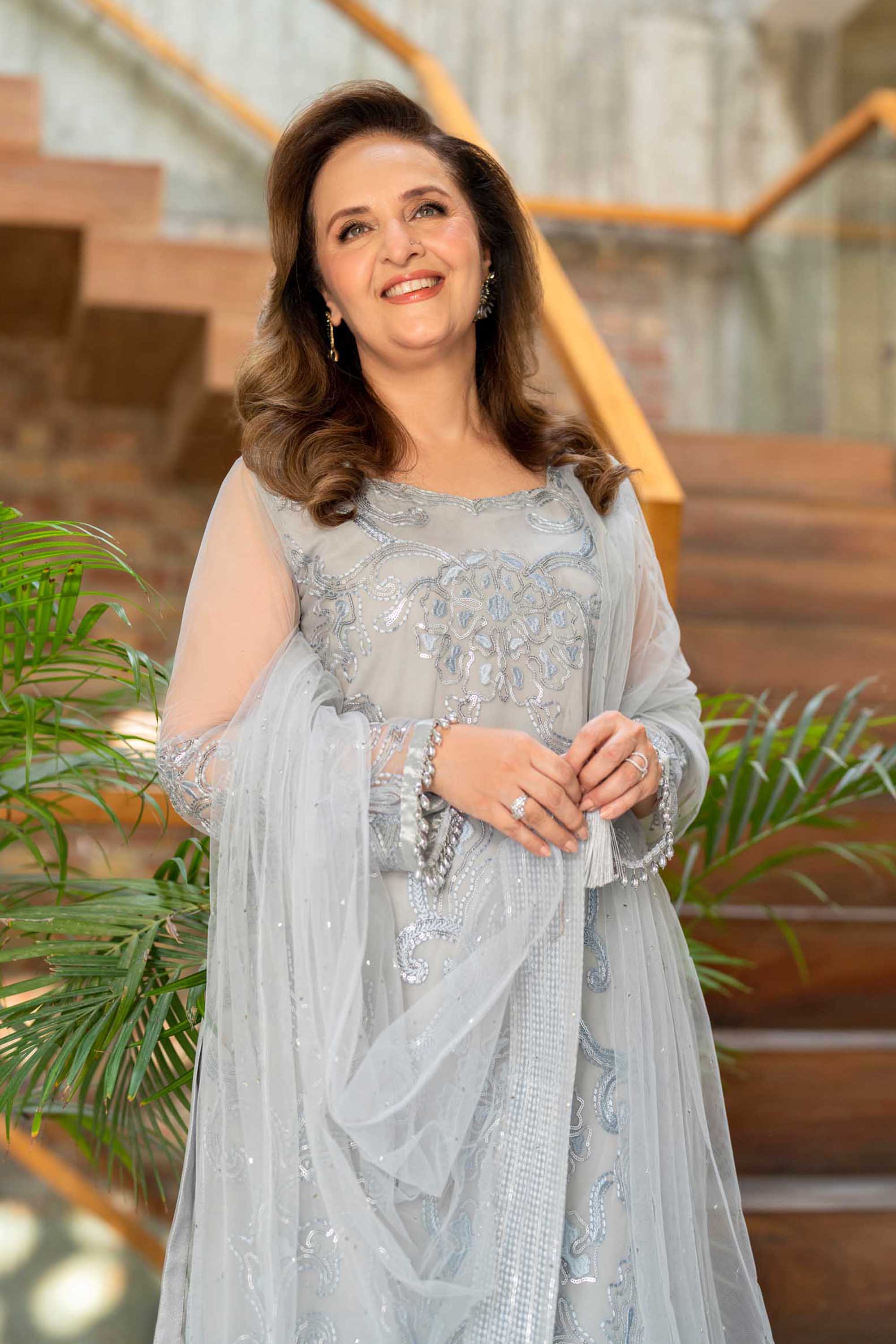 Light Grey Sequin Embroidered Net Salwar Kameez (3-Piece) - Image 4