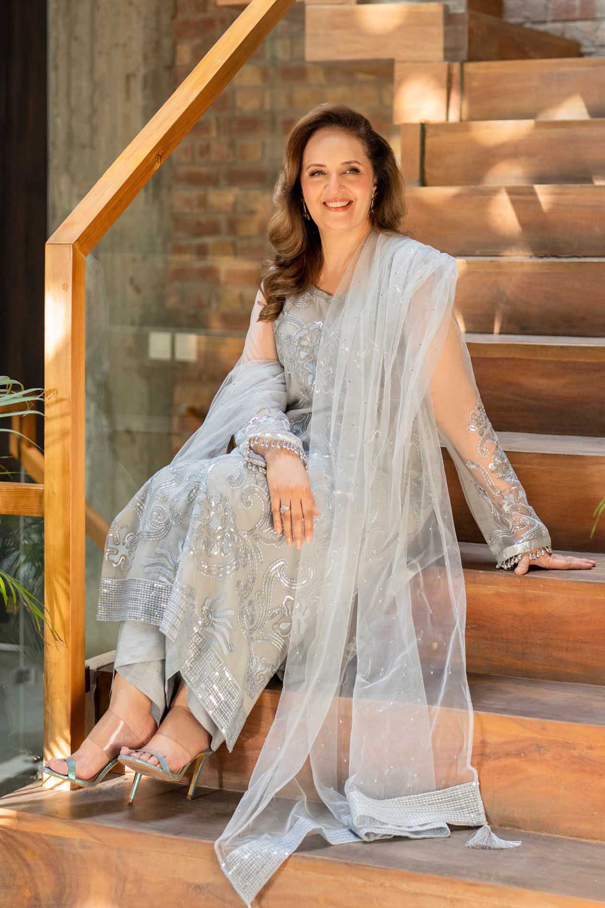 Light Grey Sequin Embroidered Net Salwar Kameez (3-Piece) - Image 5