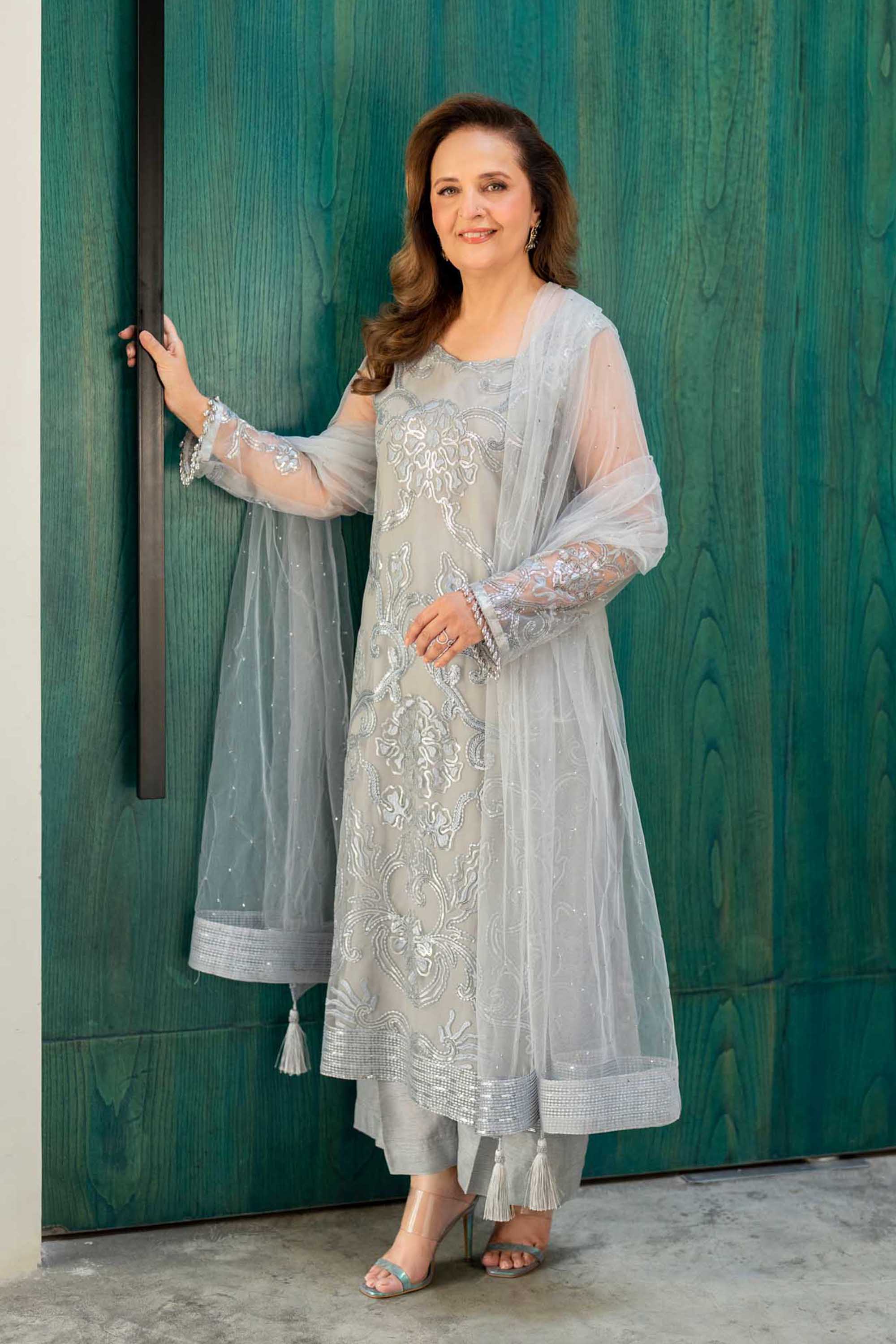Light Grey Sequin Embroidered Net Salwar Kameez (3-Piece) - Image 6