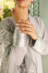 Pakistani Light Grey Sequined Embroidered Midi Tunic (3-Piece) - Image 6