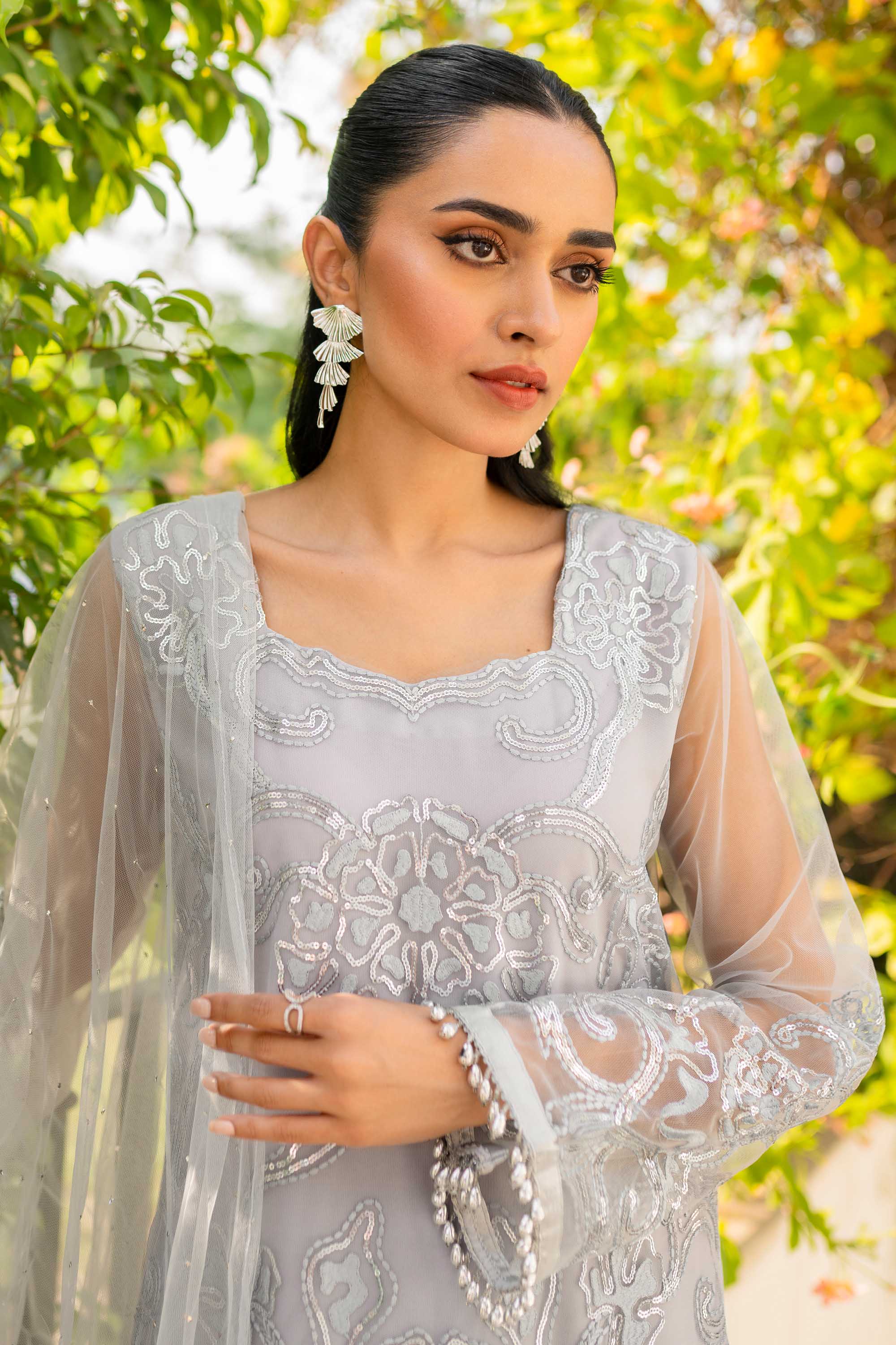 Light Grey Sequin Embroidered Net Salwar Kameez (3-Piece) - Image 3