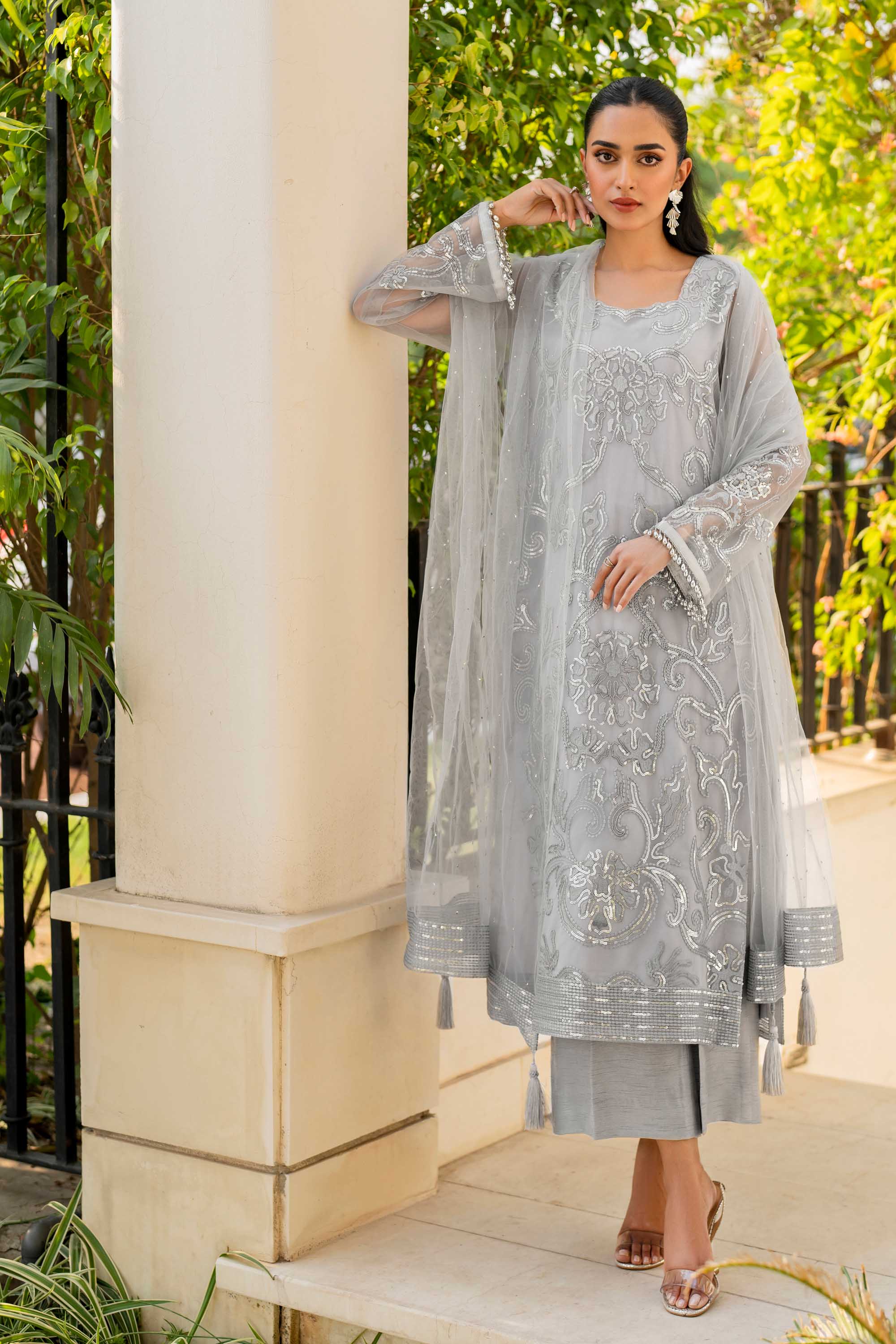 Light Grey Sequin Embroidered Net Salwar Kameez (3-Piece) - Image 4