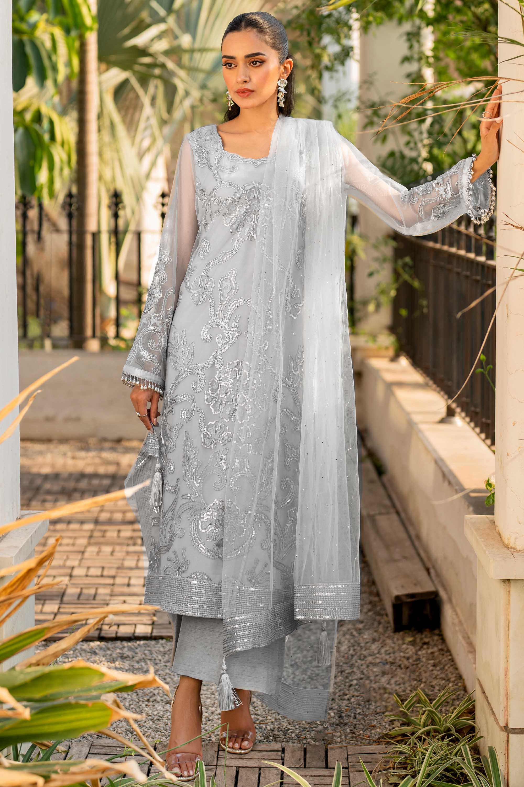 Light Grey Sequin Embroidered Net Salwar Kameez (3-Piece) - Image 6