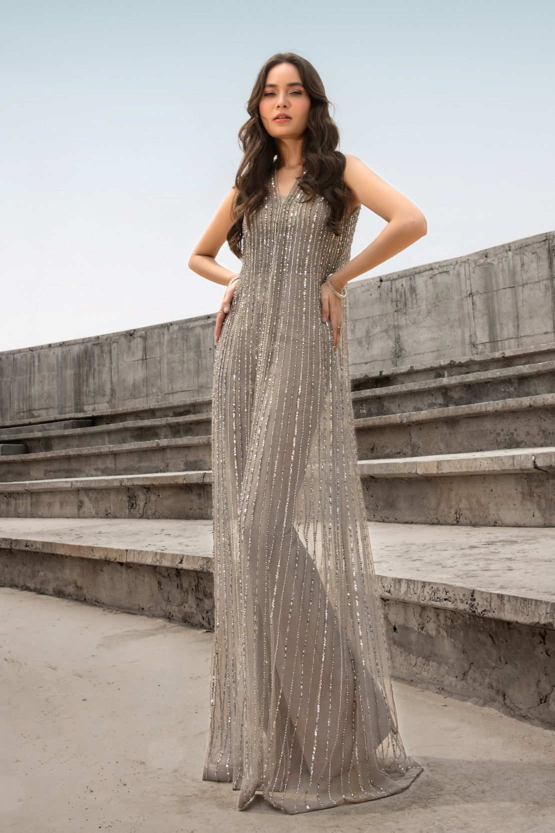 Pakistani Grey Sequinned Net Long Shirt with Raw Silk Trousers (2-Piece) - Image 1