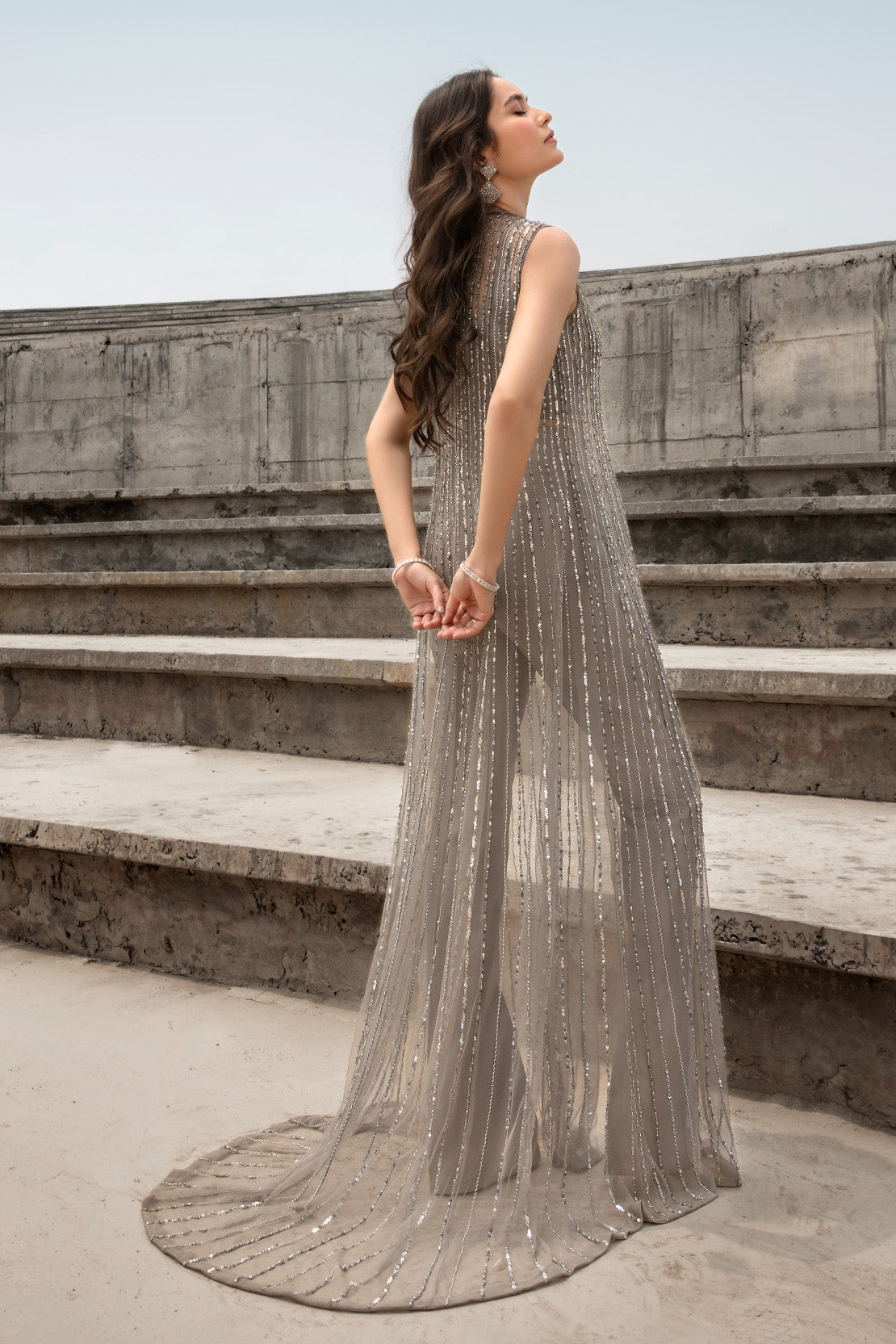 Pakistani Grey Sequinned Net Long Shirt with Raw Silk Trousers (2-Piece) - Image 3