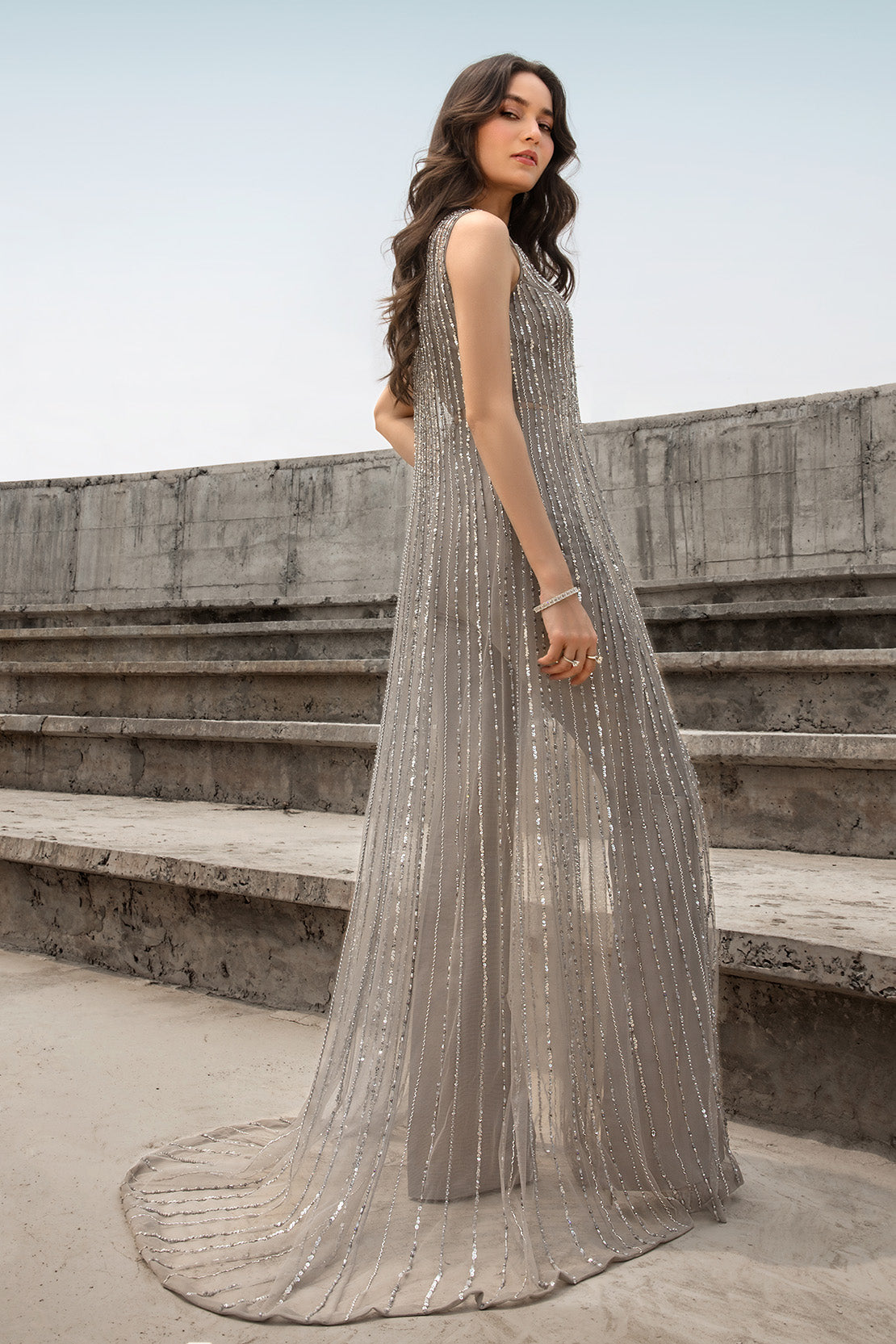 Pakistani Grey Sequinned Net Long Shirt with Raw Silk Trousers (2-Piece) - Image 4