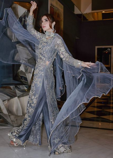 Pakistani Slate Grey Embroidered Net Long Dress (3-Piece) - Image 10