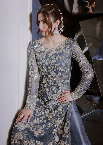 Pakistani Slate Grey Embroidered Net Long Dress (3-Piece) - Image 2