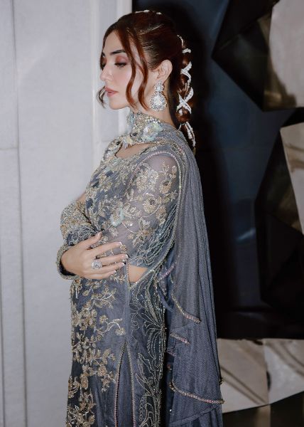 Pakistani Slate Grey Embroidered Net Long Dress (3-Piece) - Image 5