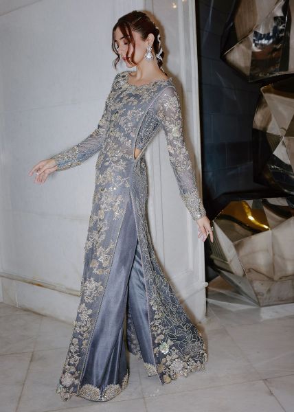 Pakistani Slate Grey Embroidered Net Long Dress (3-Piece) - Image 6