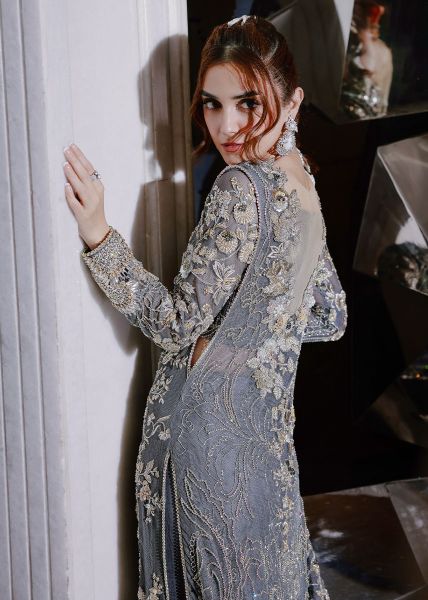 Pakistani Slate Grey Embroidered Net Long Dress (3-Piece) - Image 9