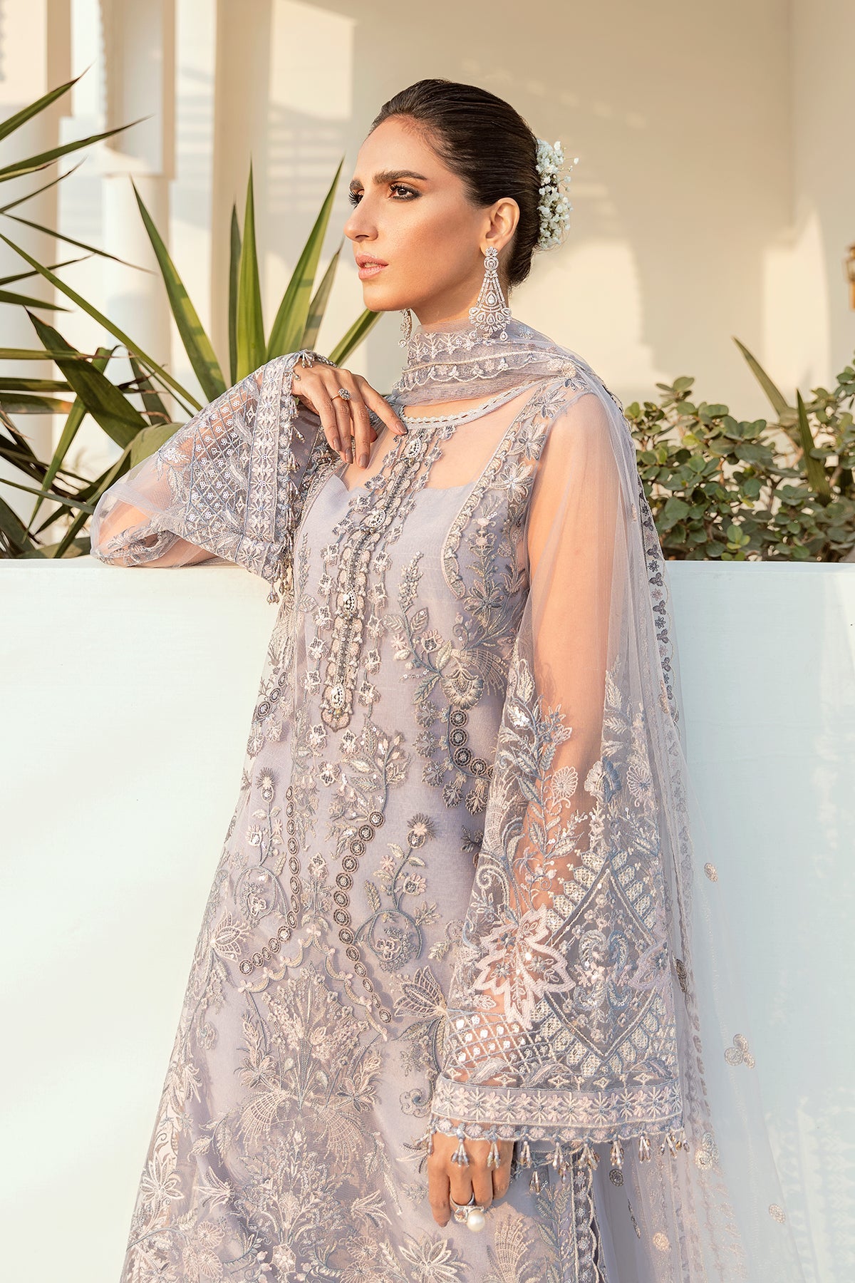 Grey Embroidered Net Salwar Kameez (3-Piece) - Image 2