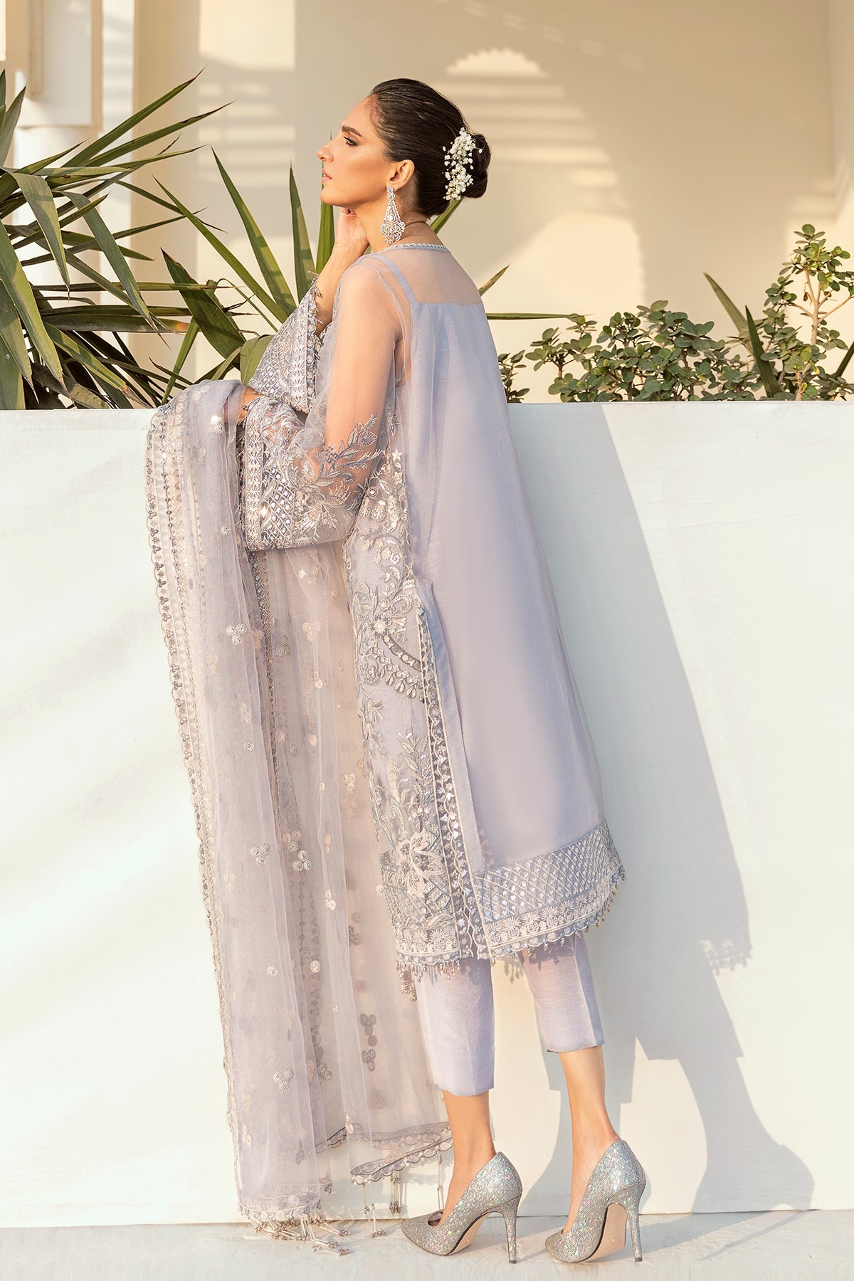 Grey Embroidered Net Salwar Kameez (3-Piece) - Image 3