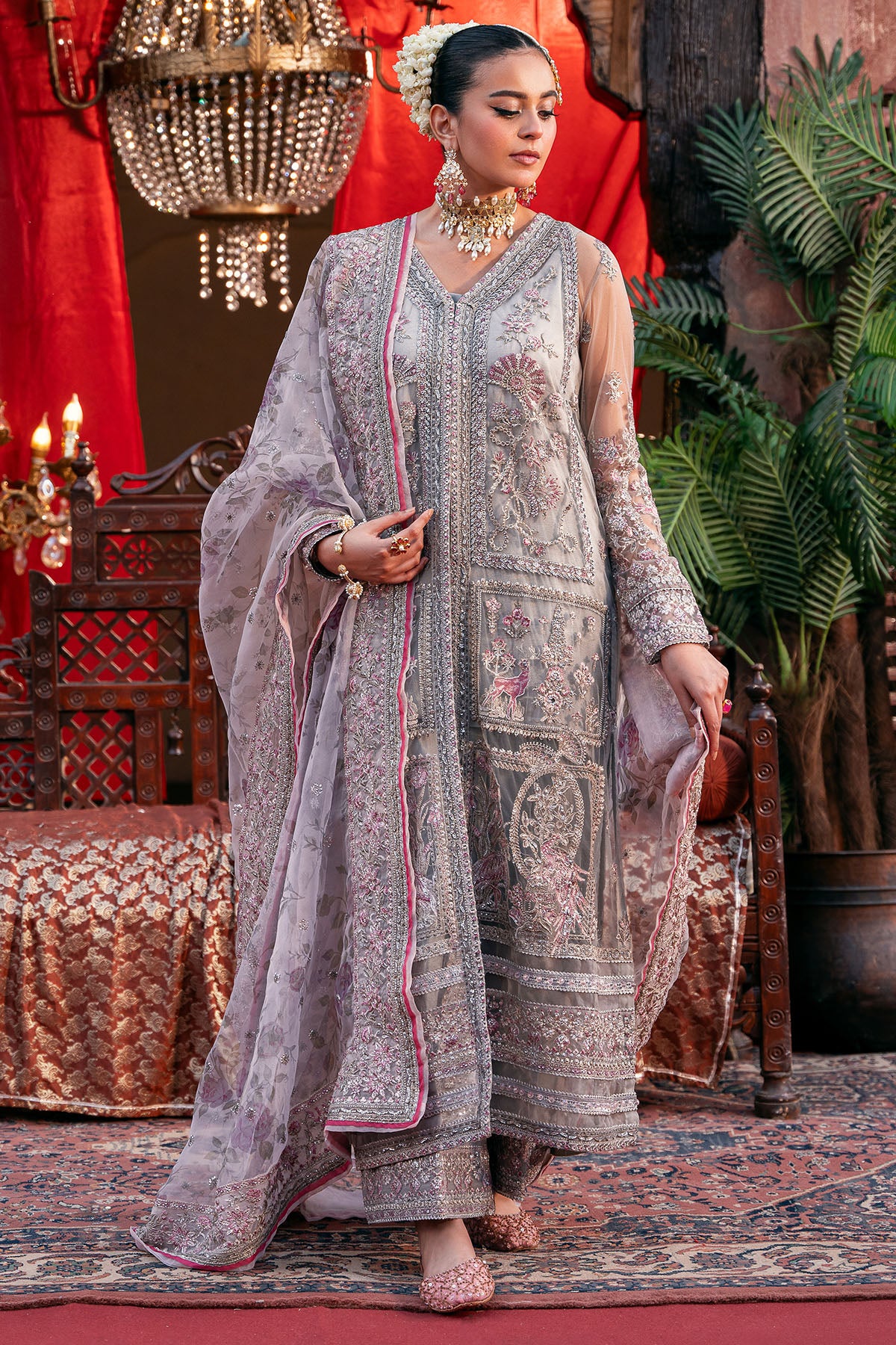 Soft Grey Embroidered Net & Silk Salwar Kameez (3-Piece) - Image 1
