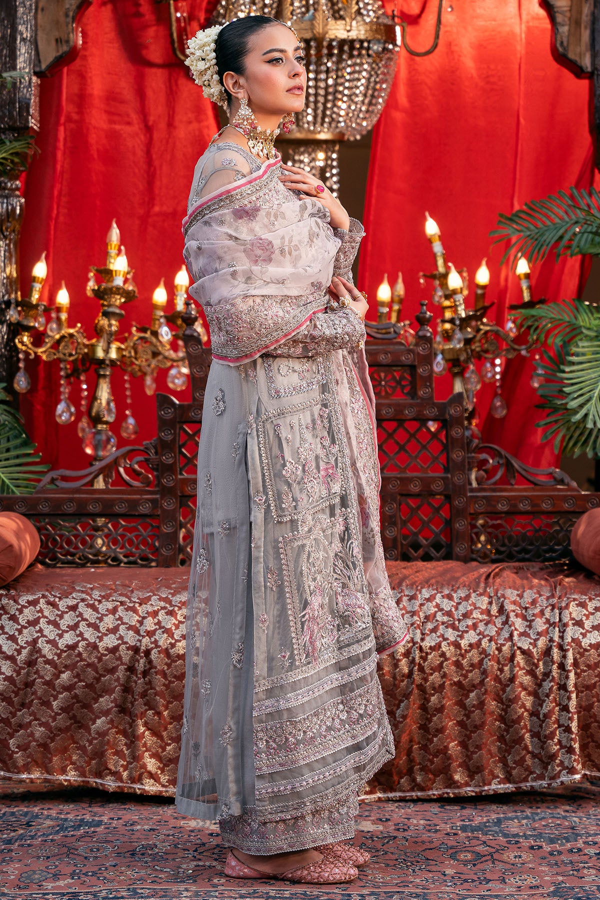 Soft Grey Embroidered Net & Silk Salwar Kameez (3-Piece) - Image 2