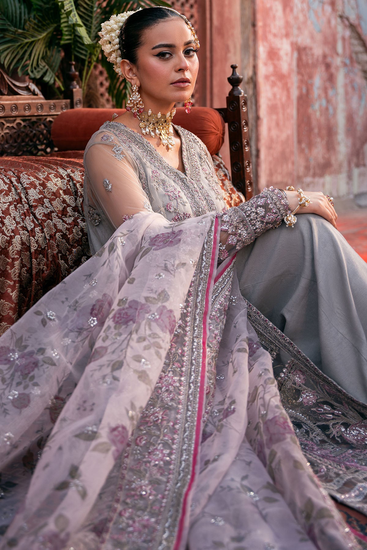 Soft Grey Embroidered Net & Silk Salwar Kameez (3-Piece) - Image 3