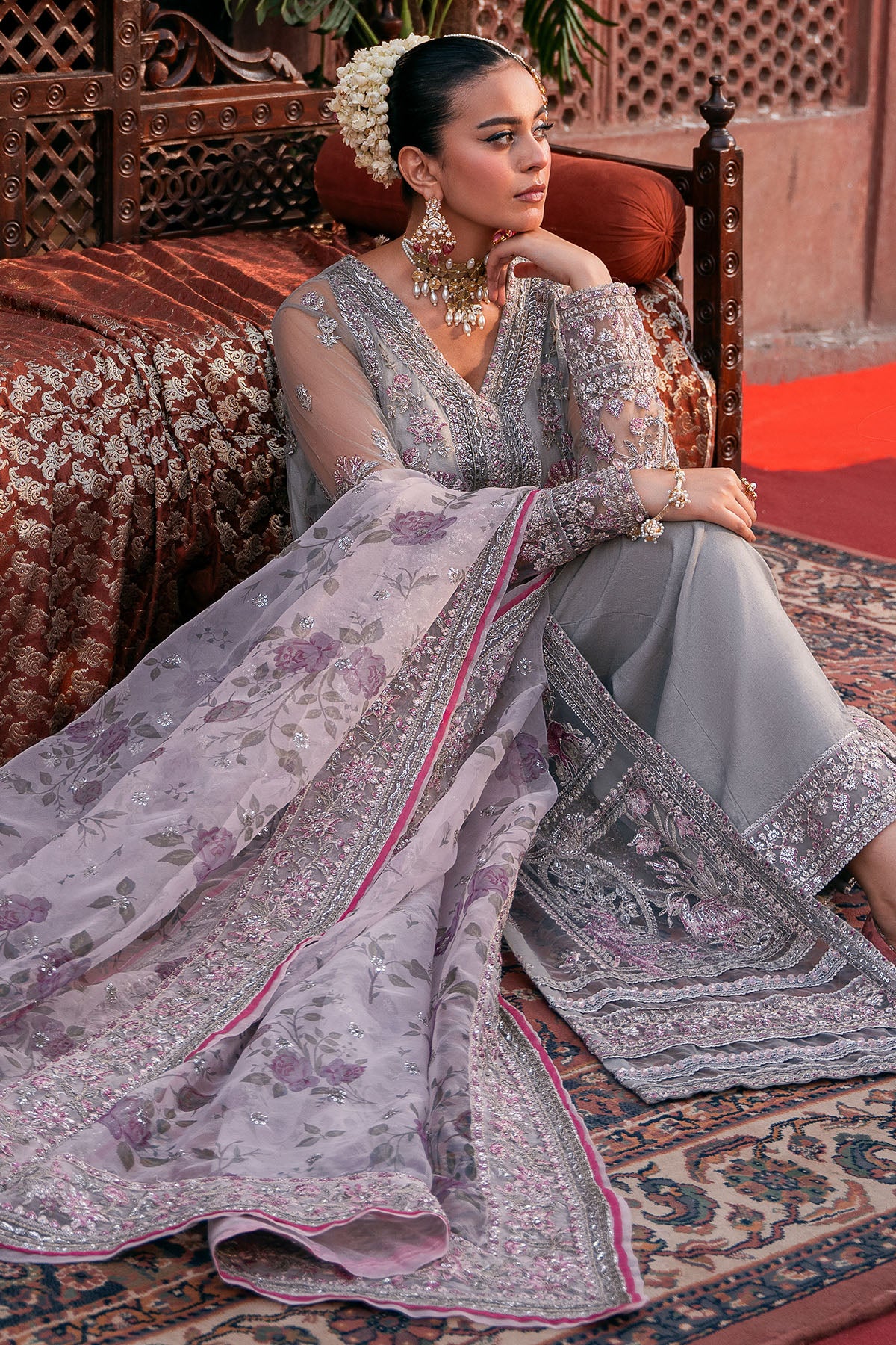 Soft Grey Embroidered Net & Silk Salwar Kameez (3-Piece) - Image 4